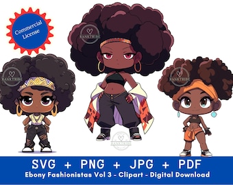 Ebony Fashionistas Vol 4 SVG + PNG Urban Streetwear Sofortiger Download Digital Kunst Natürliches Haar Clipart Nubian Clipart Schwarz Mädchen Clipart