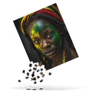 Rasta Queen Jigsaw Puzzle I, 520 pieces, Natural Hair Locs, Head Wrap, Jamaican Queen, African Face Paint, Rastafari, Black Culture
