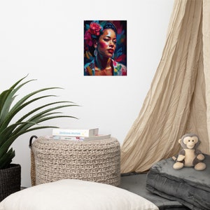 May include: A digital painting of a woman with dark skin, wearing a floral print shirt and a flower crown. Her eyes are closed and she is looking down. The background is a dark blue with splashes of colour.