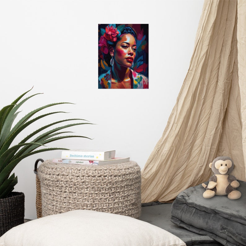 May include: A digital painting of a woman with dark skin, wearing a floral print shirt and a flower crown. Her eyes are closed and she is looking down. The background is a dark blue with splashes of colour.