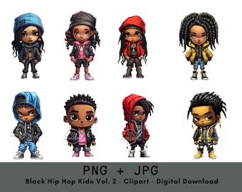 Black Hip Hop Kids Clipart Vol 2- African American Urban Images Digital Download PNG, JPG Urban Clothing Printable Stickers Clipart