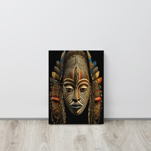 May include: A wooden mask with intricate carvings and colorful paint. The mask features a human face with a large nose, wide eyes, and a small mouth. The mask is decorated with beads and feathers.