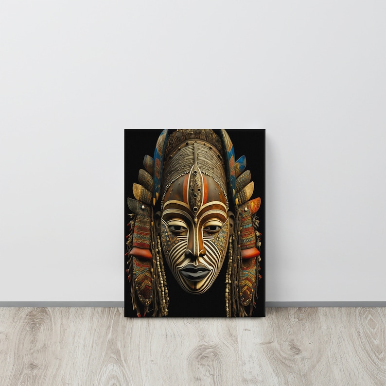 May include: A wooden mask with intricate carvings and colorful paint. The mask features a human face with a large nose, wide eyes, and a small mouth. The mask is decorated with beads and feathers.