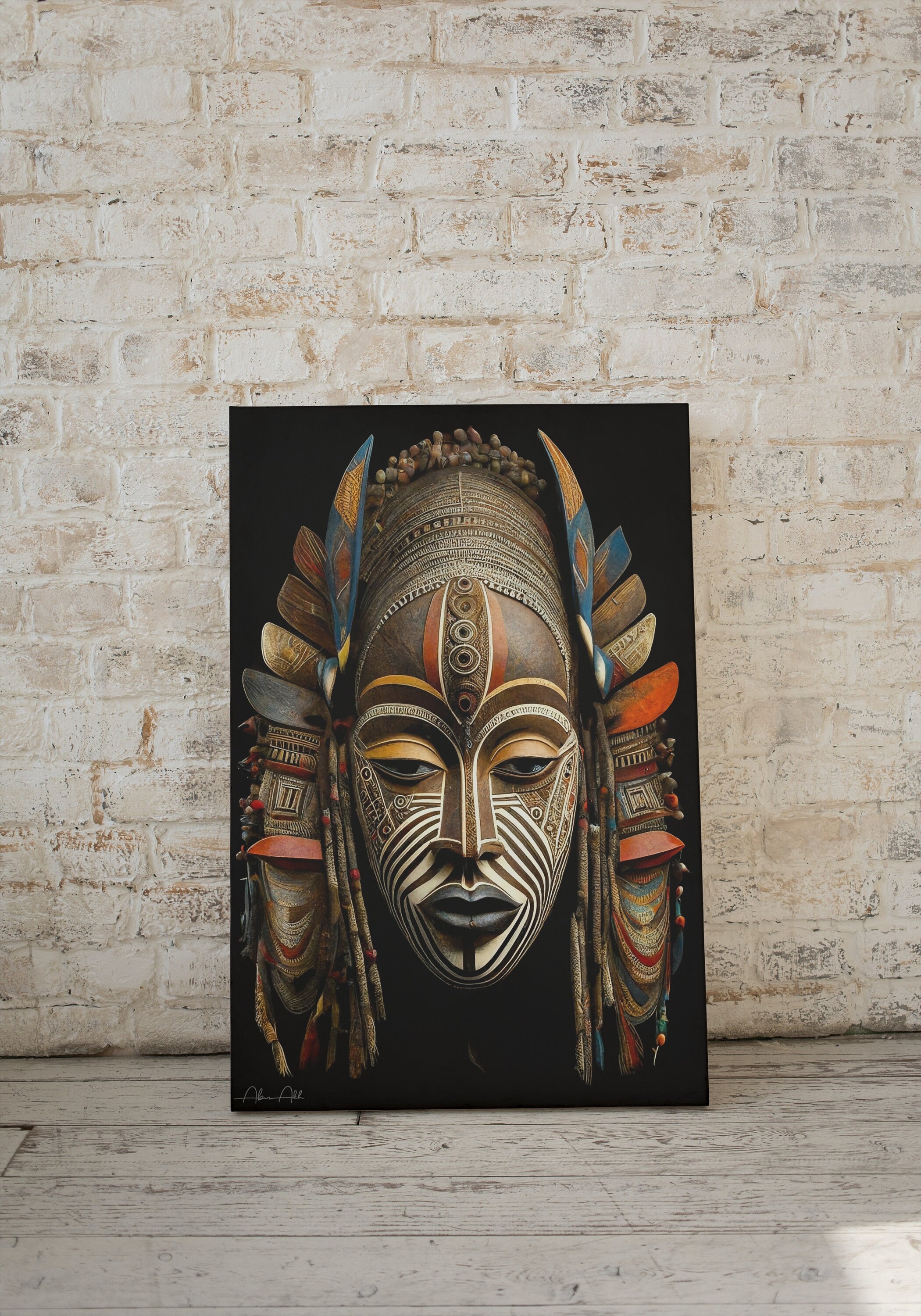 African Mask on Canvas Xxv2, 24x36, Wrap Wood Mounted , Highly