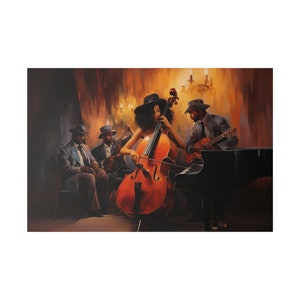 Vibrant Jazz Band Acrylic Art III - Black Culture African American Music Female Guitarist, Mounted Canvas Home Decor Black Art