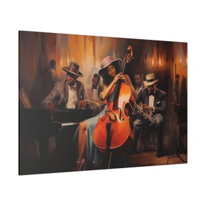 Vibrant Jazz Band Acrylic Art II - Black Culture, African American Music, Female Guitarist, Mounted Canvas, Unique Home Decor Black Art