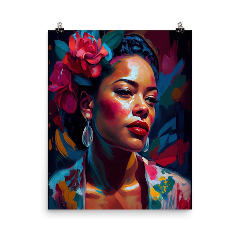 May include: A painting of a woman with dark skin, wearing a floral patterned shirt and a large red flower in her hair. The background is a vibrant abstract design with splashes of colour.