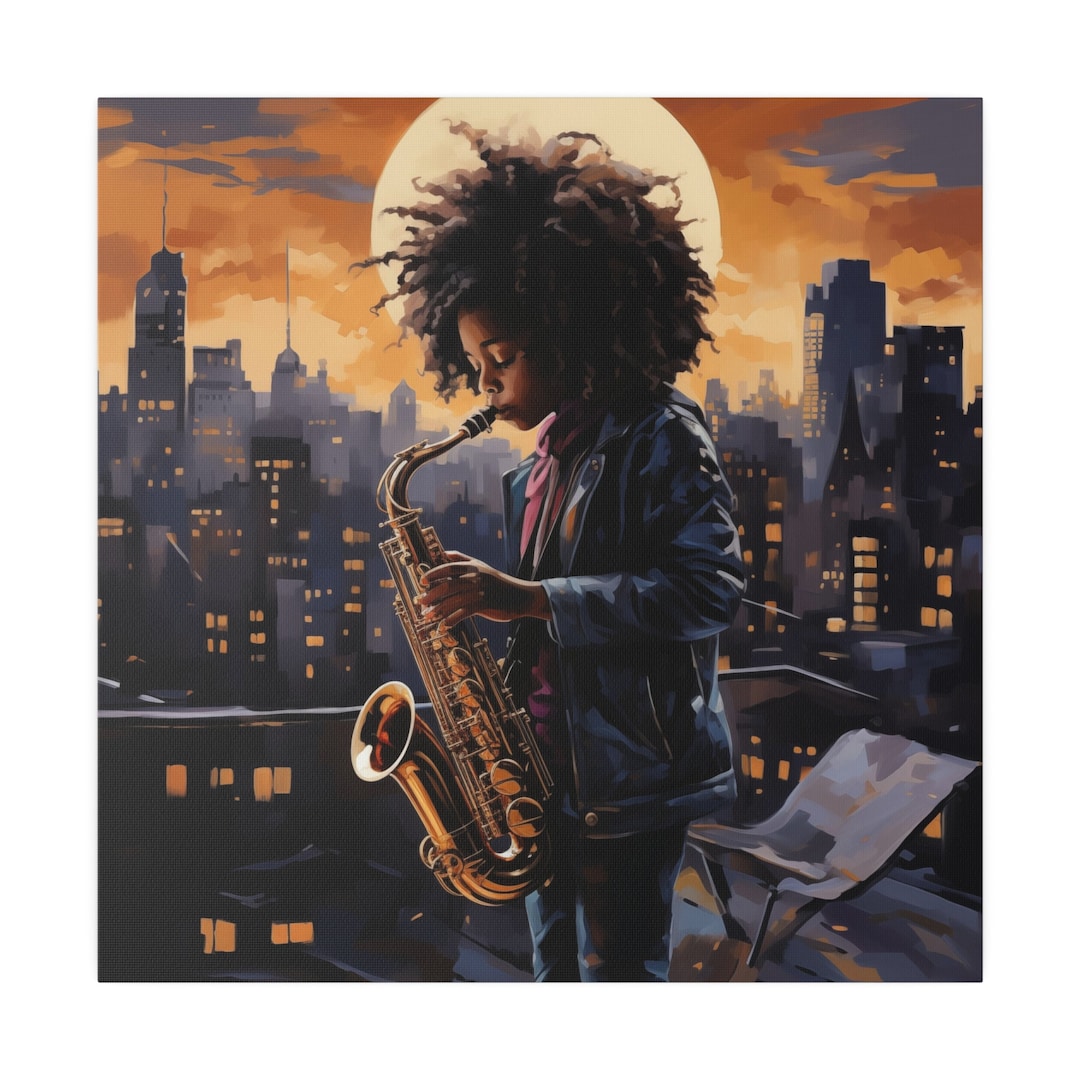 Black Child Saxophone Player, Black Jazz Wall Art, Black Canvas Wall Art, Black Jazz Saxophone