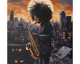 Black Child Saxophone Player, Black Jazz Wall Art, Black Canvas Wall Art, Black Jazz Saxophone Player, Black Jazz Sax Painting