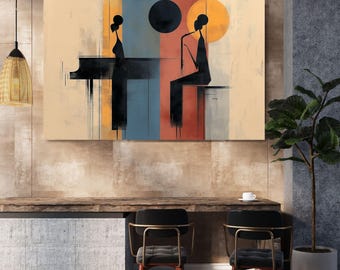 Abstracte zwarte vrouwelijke jazzmuzikanten canvas muurkunst minimalistische piano en saxofoon duo print op in galerij gewikkeld canvas afrocentrisch decor