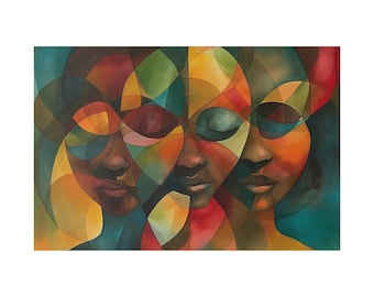 Vibrant Harmony: African-Inspired Abstract Faces Canvas Art - Gallery Wrapped, Watercolor & Acrylic Print for Modern Home Decor