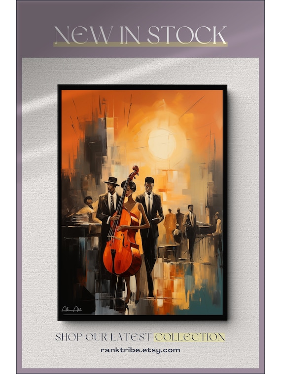 Renaissance Jazz Canvas Art: Elegant Black Woman Bassist With Band