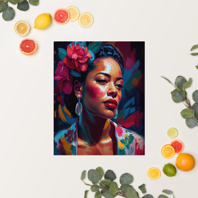 May include: A painting of a woman with dark skin and a flower crown. She is wearing a colourful dress and has a serious expression on her face. The background is a mix of abstract shapes and colours.