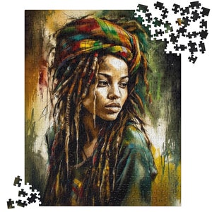 Beautiful Rasta Girl Jigsaw Puzzle, 520 pcs, Natural Hair Locs, Red Green Yellow, Wall Art 16x20 inches, Rastafarian Art, Black Puzzle Art