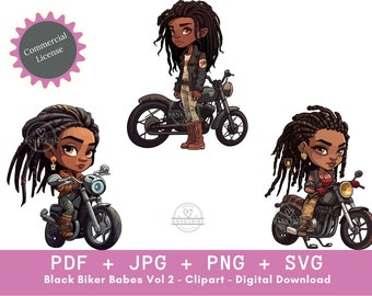Black Biker Babes With Locs Clipart African American Boy Power Strong and Gorgeous Motorcycle Woman Illustrations, Digital Download SVG PNG