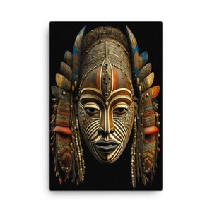 May include: A wooden mask with intricate details, featuring a human face with a zebra-like pattern, surrounded by colorful beads and feathers. The mask is painted in shades of brown, black, white, red, blue, and green.