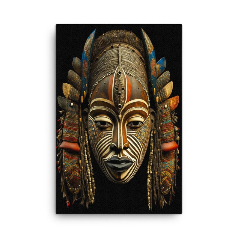 May include: A wooden mask with intricate details, featuring a human face with a zebra-like pattern, surrounded by colorful beads and feathers. The mask is painted in shades of brown, black, white, red, blue, and green.