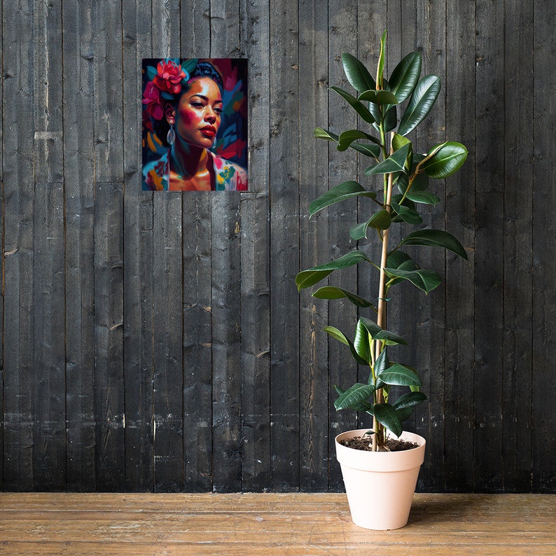 May include: A digital painting of a woman with dark skin, wearing a colourful floral patterned shirt and a flower crown. Her eyes are closed and she is looking down. The background is a dark blue with splashes of colour.