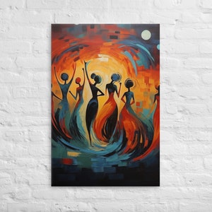 African Dance Canvas Art Elegant Tribal Women Dance Abstract Bold Colors | Wood Mounted, Ready to Hang | 12x12 to 24x36 Large Wall Decor