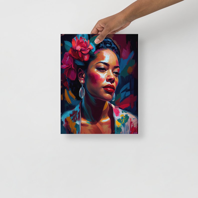 May include: A painting of a woman with dark skin, wearing a floral patterned shirt and a flower crown. The background is a vibrant abstract design with splashes of colour.