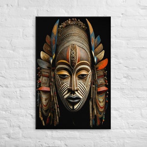African Mask on Canvas XXv2, 24x36, Wrap Wood Mounted , Highly Detailed and Colorful African Tribal Mask, Black Art, Yoruba, African Art