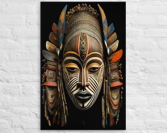African Mask on Canvas XXv2, 24x36, Wrap Wood Mounted , Highly Detailed and Colorful African Tribal Mask, Black Art, Yoruba, African Art