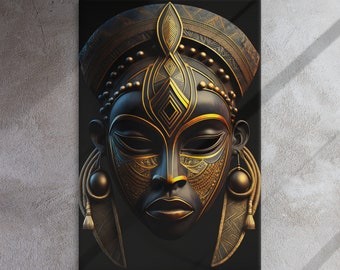 Tribal African Mask Canvas Print, Black and Gold Home Decor (24x36 inch)