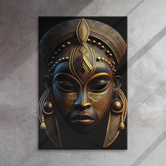 Tribal African Mask Canvas Print, Black and Gold Home Decor (24x36 inch)