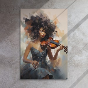 Elegant Melody: Abstract Art of Black Woman with Afro Playing Violin - Canvas on Wood, Multiple Sizes, Ready to Hang