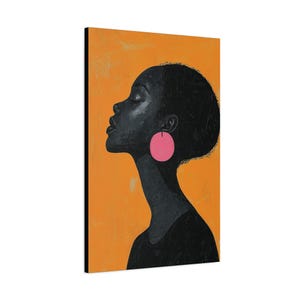 Sun-Kissed Ebony Grace Afrocentric Woman Portrait Bold Pink Earring | Vibrant Black Art Canvas for Modern Home Décor Gift Ideas & More