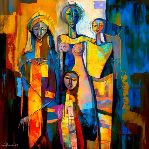 Vibrant Jazz Band Acrylic Art II - Black Culture, African American Music, Female Guitarist, Mounted Canvas, Unique Home Decor Black Art