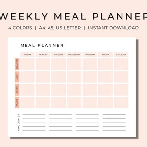 Planificateur de repas hebdomadaire, planificateur de repas imprimable, suivi des repas, préparation des repas, planificateur de menus, planificateur de repas minimaliste, plan de repas coloré