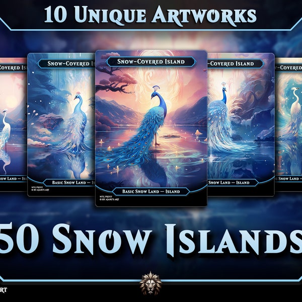 50 Basic Snow Islands, 4 Bonus Cards ••• MTG Proxy Cards, Premium Custom Magic Cards for Commander EDH