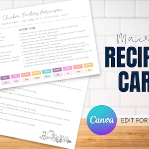 May include: A recipe card for Chicken Tenders Parmesan, with ingredients and instructions. The card includes nutritional information and has a clean, modern design. The text "Macro Recipe Card" is displayed prominently.