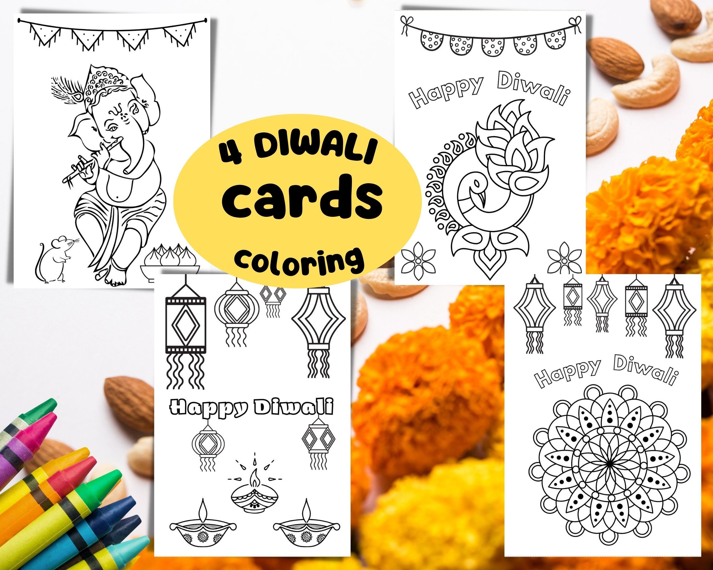 Happy Diwali Coloring Cards: Printable Greeting Cards (PDF)