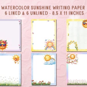 Papelería imprimible con acuarela y sol / Papel rayado y sin rayar / Papel para escribir tamaño carta (EE. UU.) / Papel para escribir amarillo con sol