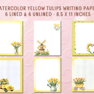 Papelería imprimible de tulipanes amarillos en acuarela / Papel rayado y sin rayar / Papel para escribir tamaño carta de EE. UU. / Papel para escribir de tulipanes amarillos