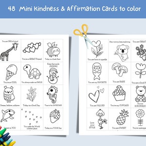 48 mini-vriendelijkheidskaarten om in te kleuren voor kinderen | Afdrukbare mini-positiviteitskaarten | Afdrukbare mini-bevestigingskaarten om in te kleuren voor kinderen