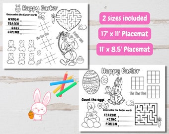 2 Happy Easter Printable Placemats | Printable Spring Bunny Coloring Placemats | Easter Party Activity | Easter Day table mat for kids