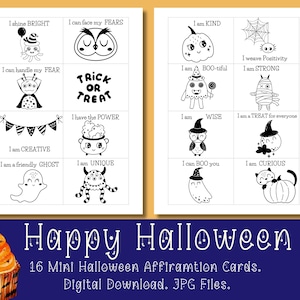 Feliz Halloween Tarjetas para colorear con afirmaciones positivas para niños / Tarjetas de pensamientos positivos para niños / Notas para colorear de empoderamiento para niños