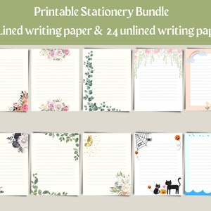 Op de afbeelding: Printbare stationerybundel met 24 gelinieerde en 24 ongelinieerde vellen schrijfpapier. De ontwerpen omvatten bloemen, groen, vlinders, pompoenen, katten en een regenboog.