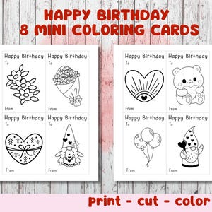 8 druckbare alles Gute zum Geburtstag Grußkarten für Kinder, 8 Färbung Geburtstagskarten-Bundle zum ausmalen | Geburtstags-Klassen-Party-Aktivität