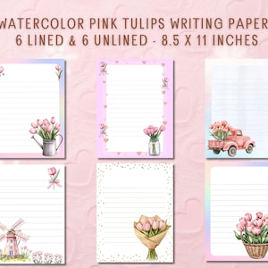 Papelería imprimible con tulipanes rosados en acuarela / Papel rayado y sin rayar / Papel para escribir tamaño carta de EE. UU. / Papel para escribir con tulipanes rosados