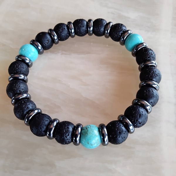 Bracelet de lave pour elle et lui, composé de perles de lave de 10 mm, pierre semi-précieuse de couleur turquoise de 10 mm et perle intercalaire en verre de Bohême, bracelet en silicone.