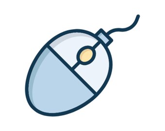 Peut inclure: Une souris d'ordinateur bleue et blanche avec une connexion filaire. La souris a un seul bouton et une molette de défilement.