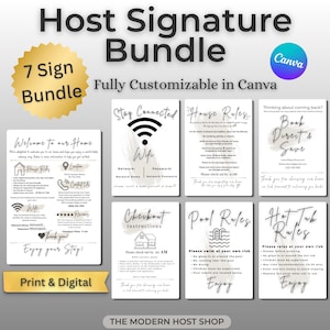 Pu&ograve; includere: Un Host Signature Bundle composto da sette cartelli personalizzabili per case vacanze. Il set include un cartello di benvenuto, dettagli Wi-Fi, regole della casa, istruzioni per il check-out, regole per la piscina, la vasca idromassaggio.