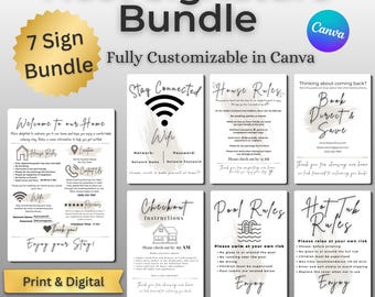 Airbnb Host Sign Bundle | 7 Editable Canva Templates | Welcome Sign House Rules WiFi Pool Hot Tub | VRBO Vacation Rental Printable Set