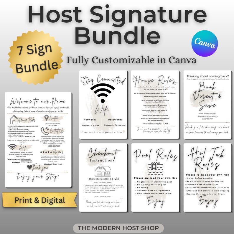 Pu&ograve; includere: Un Host Signature Bundle composto da sette cartelli personalizzabili per case vacanze. Il set include un cartello di benvenuto, dettagli Wi-Fi, regole della casa, istruzioni per il check-out, regole per la piscina, la vasca idromassaggio.
