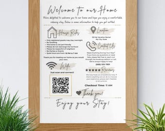 Airbnb Welcome Sign with WiFi QR Code | Editable Canva Template | Vacation Rental Welcome Sign | VRBO Host Gift | Printable Guest Sign