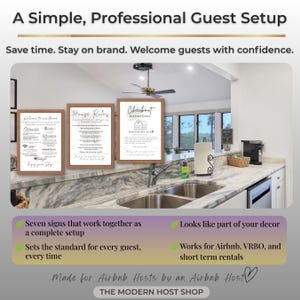 Pu&ograve; includere: Tre insegne incorniciate con sfondo bianco e testo nero intitolate Welcome to our Home, House Rules e Checkout Instructions. Le insegne sono esposte in una cucina sopra un piano di lavoro in marmo con un lavandino.